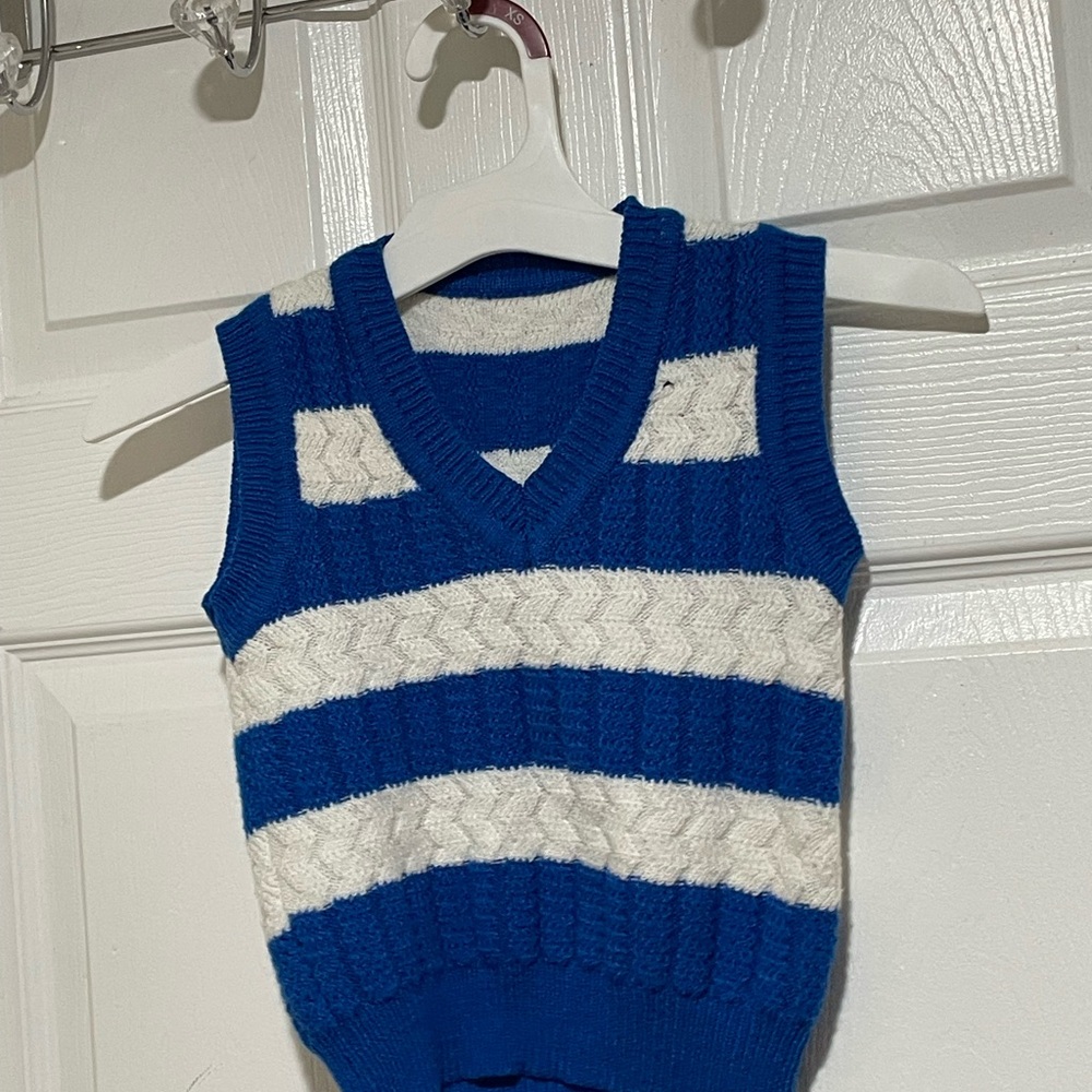 Blue and White Striped Cable Knit Sweater Vest